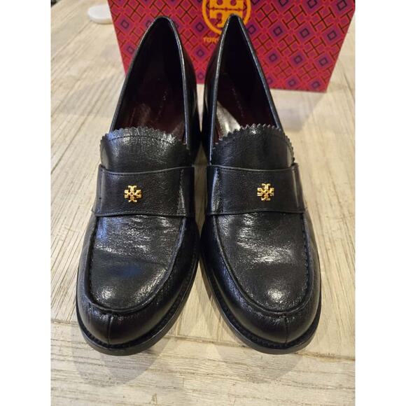 Tory Burch Women's Black Leather Loafers Size 11 Iconic Double T Logo - Picture 1 of 8